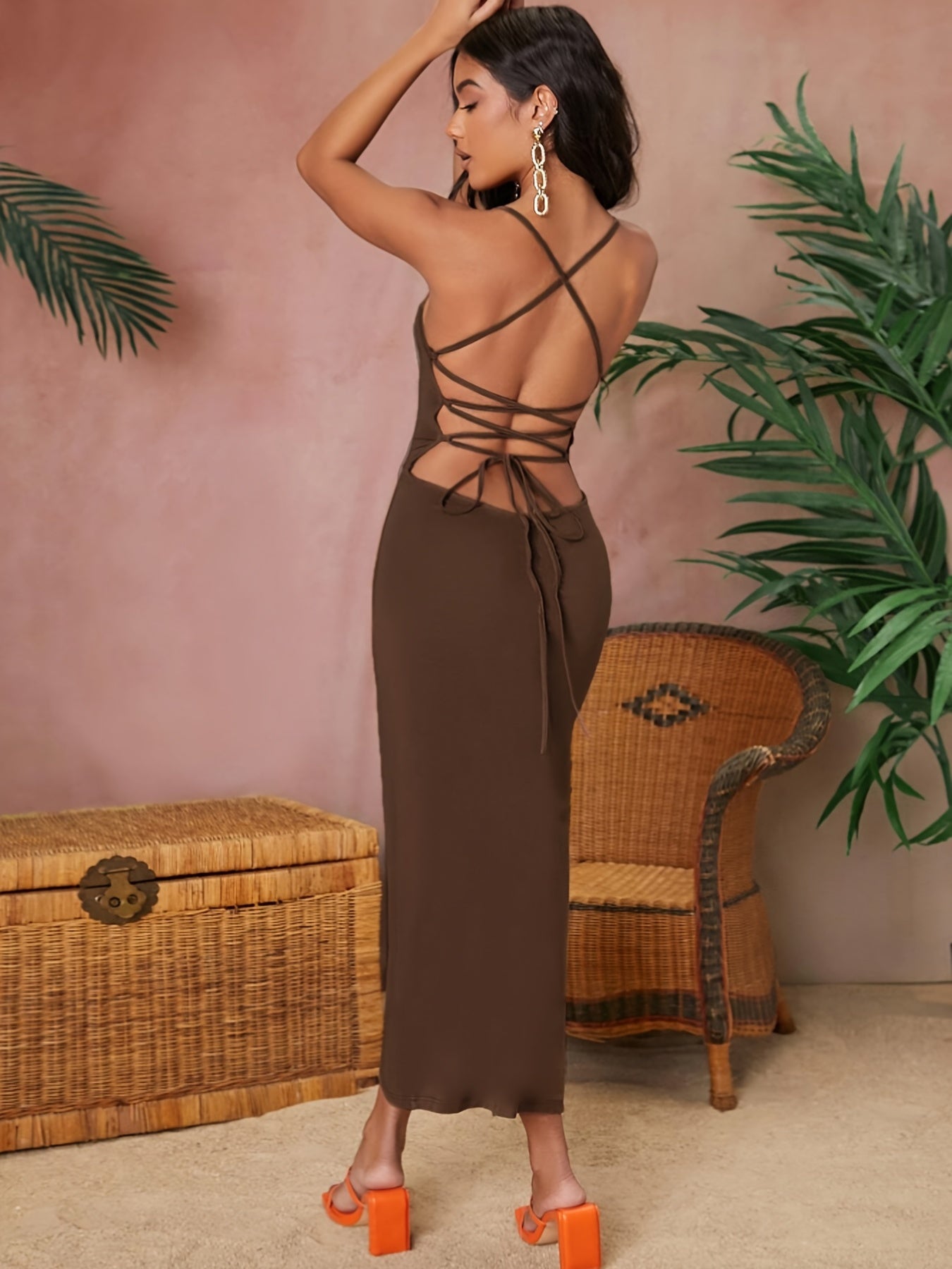 Lace Up Split Spaghetti Dress, Sexy Backless Cami Dress, Women's Clothing