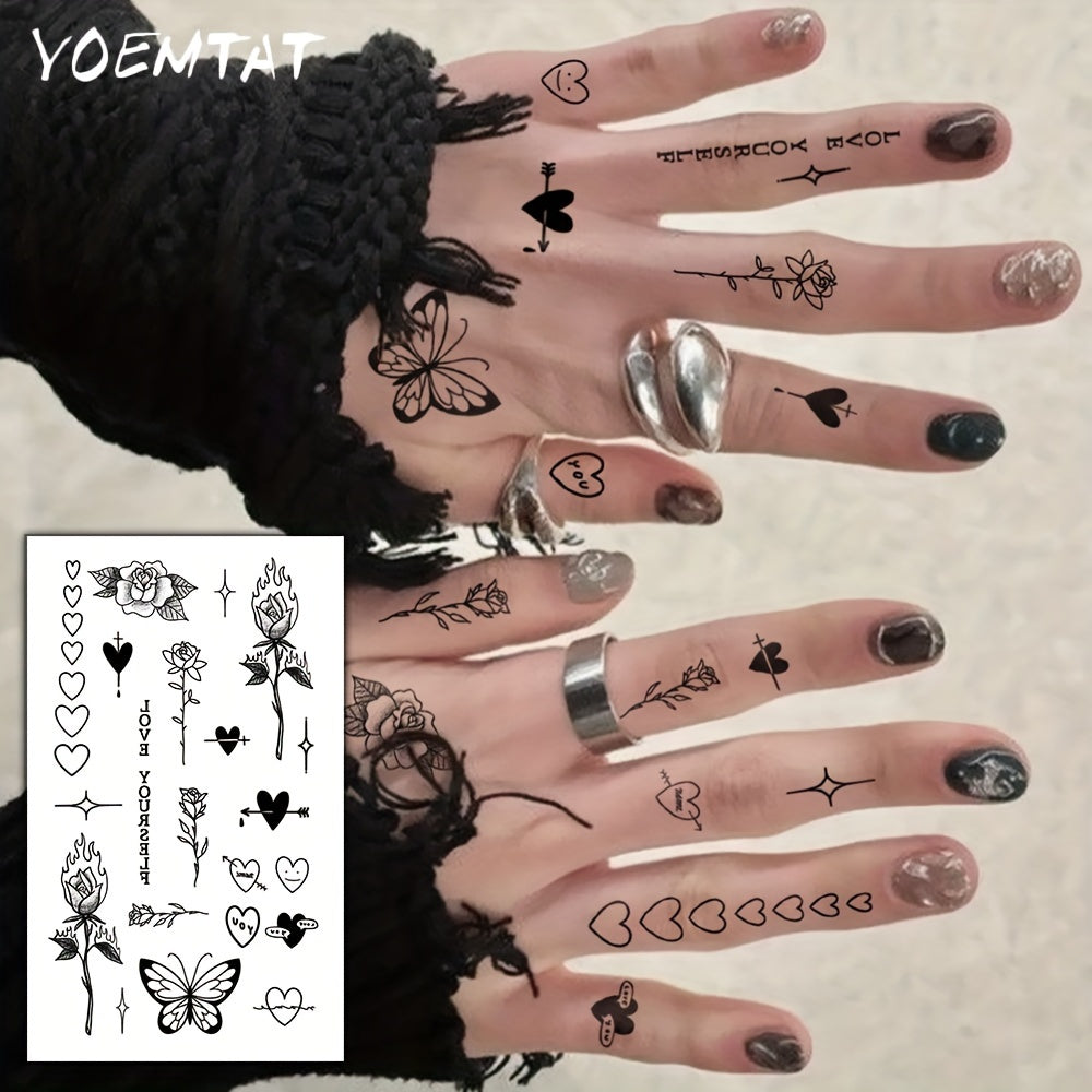 Finger Tattoo Waterproof Temporary Tattoo Sticker Rose Flower Flame Thorn Love Arrow Butterfly Cute Text Totem Body Art Arm Fake Tattoos for Women Men Neck Wrist