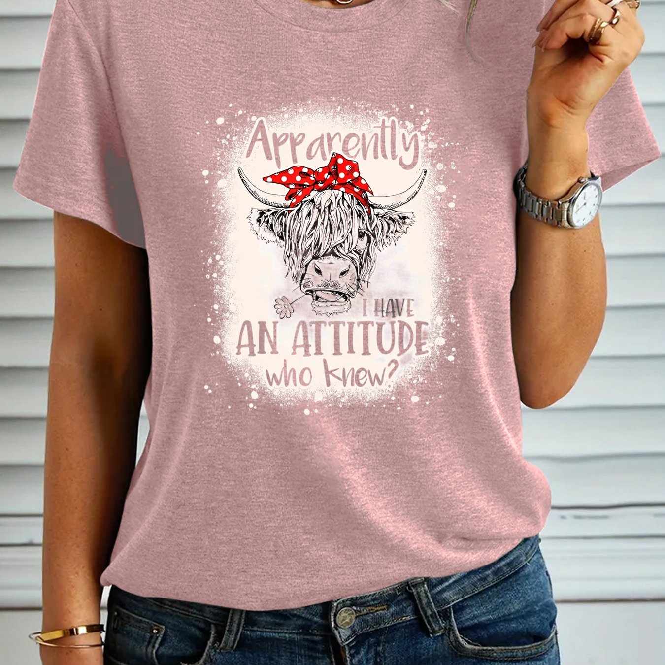 Women's Fashion T-shirt, "Apparently I Have An Attitude Who Knew" Highland Cow Pattern Casual Short Sleeve Top