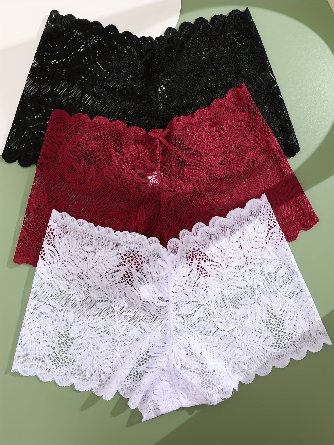 3pcs FINETOO Women's Sexy Low-Rise Lace Boyshort Panties - Breathable, Stretchy Nylon Blend with Floral Pattern, Scalloped Trim in Black, White, & Pinkish-Beige