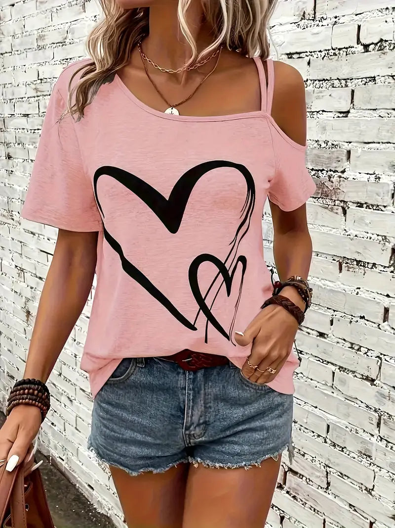 Heart Print Cold Shoulder T-shirt