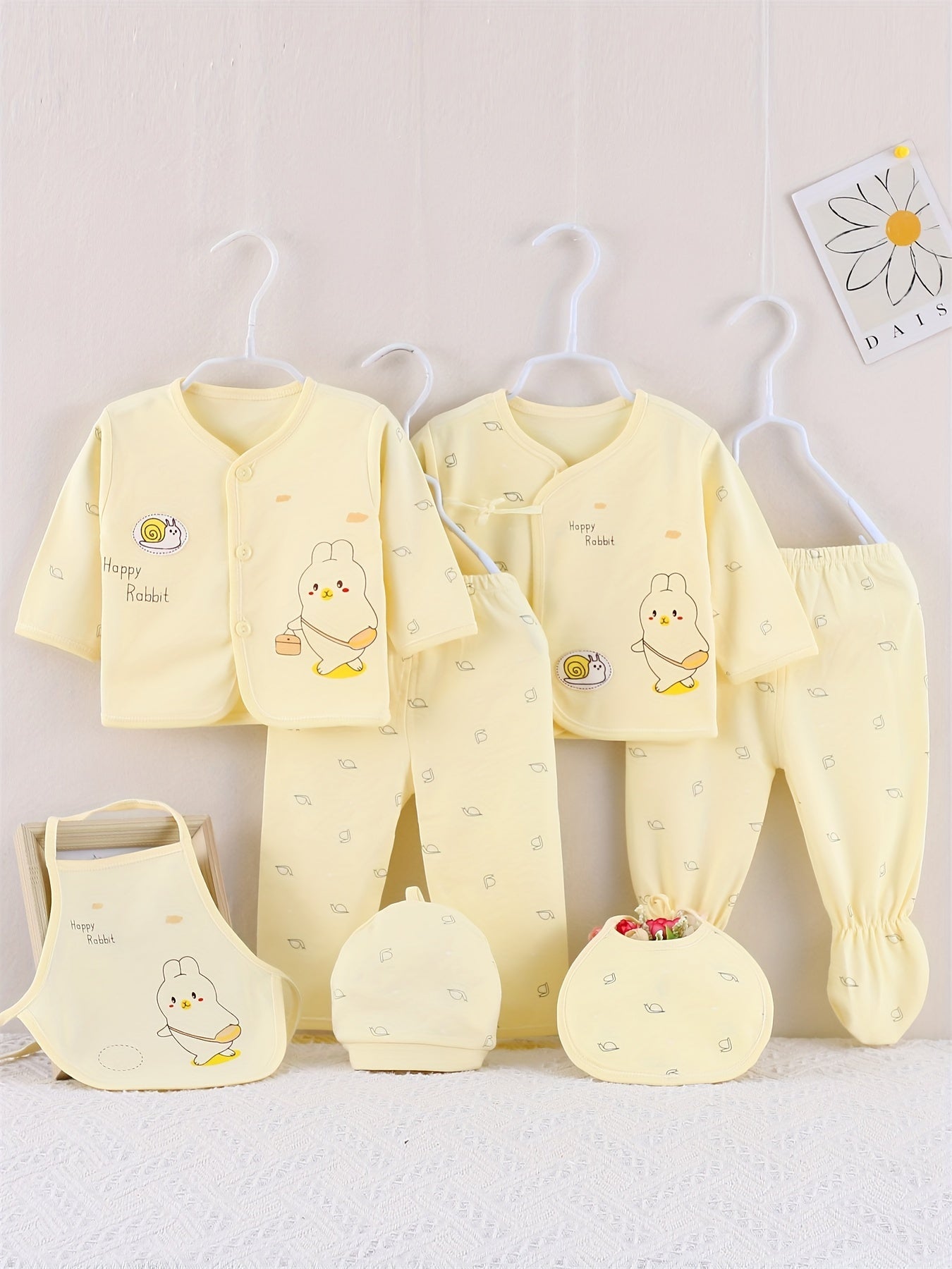 7pcs Newborn Outfits Gifts, Cute Graphic Baby Boys Girls Cotton Comfy Clothes Set - Footed Pants Cardigan Top Trousers Hat Bib Set Outdoor Clothes Outdoor Clothes