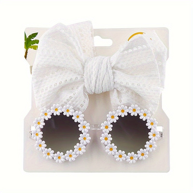 Cute Outdoor Beach Baby Girl Gift Set - 2 Pieces Butterfly Tie Hair Band & Round Flower Fashion Glasses!