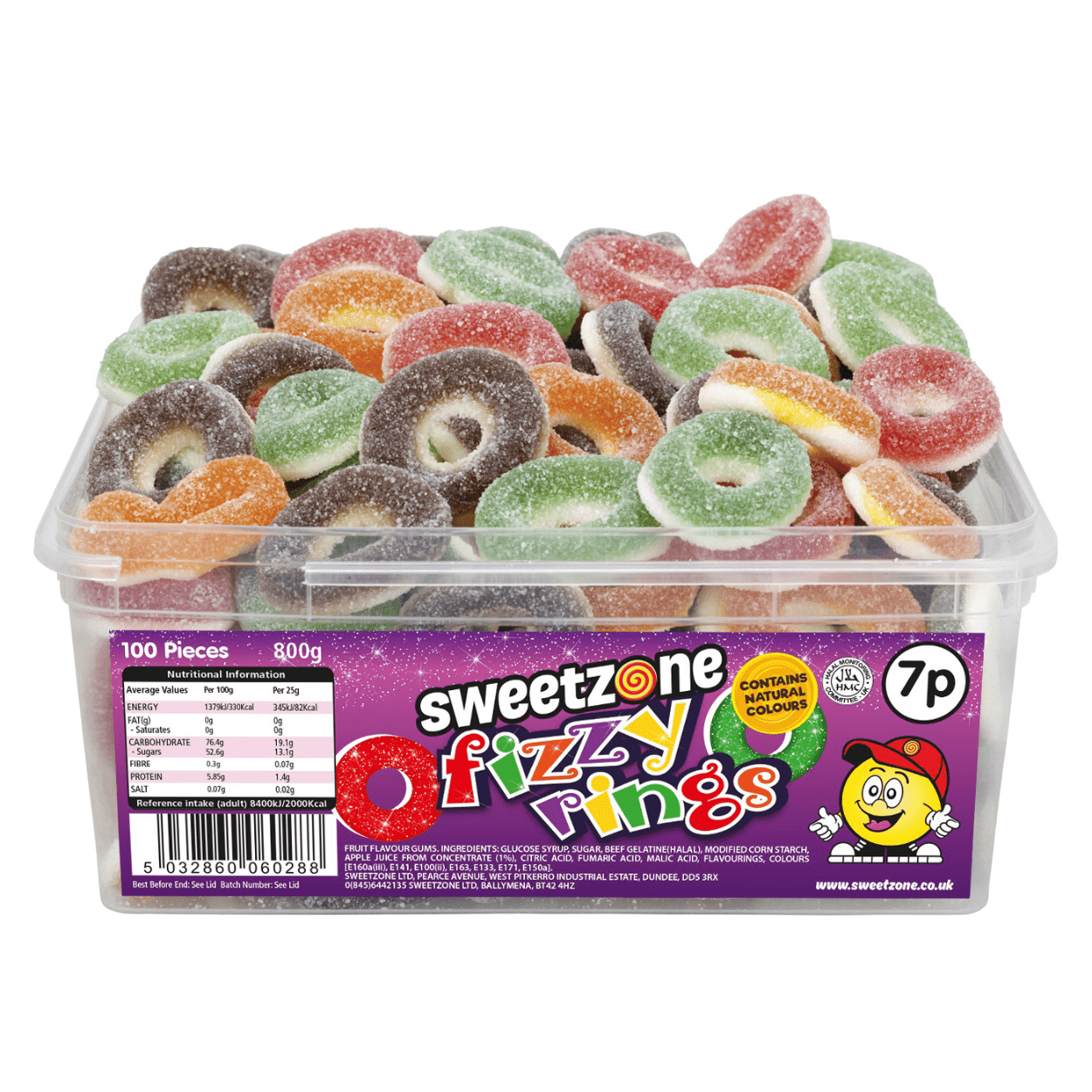 Sweetzone Fizzy Rings - 800g Tub - 100 Pieces - Pic N Mix Style Sweets