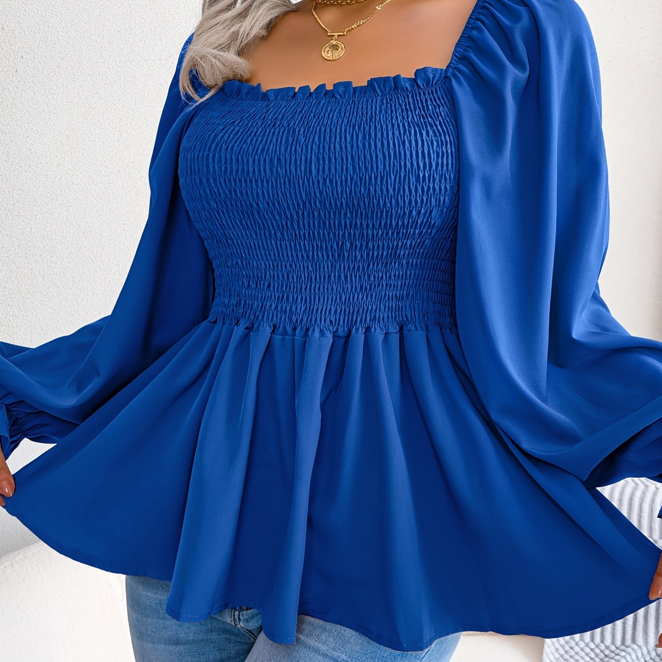 Shirred Lantern Sleeve Shirt, Casual Squared Neck Pleated Ruffle Trim Solid Shirt, Women's Clothing Wedding holiday vacation
