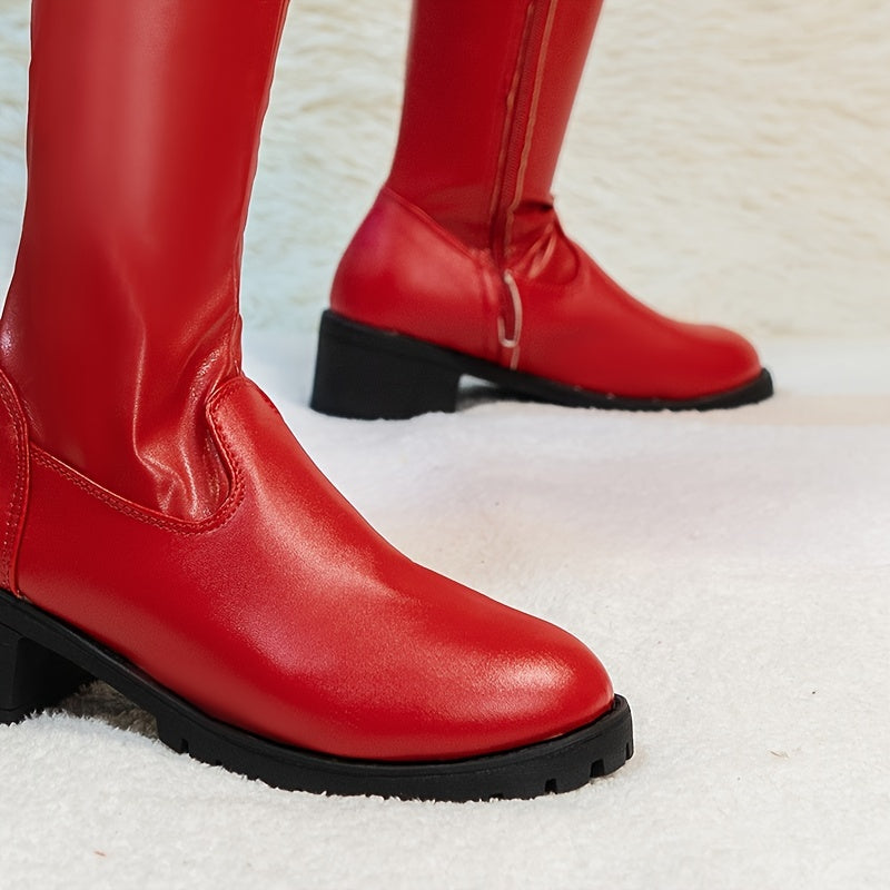 2022 New Women's High Heel Knee Boots PU Thick Heel Sexy Fashion Dress Wedding Side Zipper Round Head Elastic Knee Boots, Women Shoes