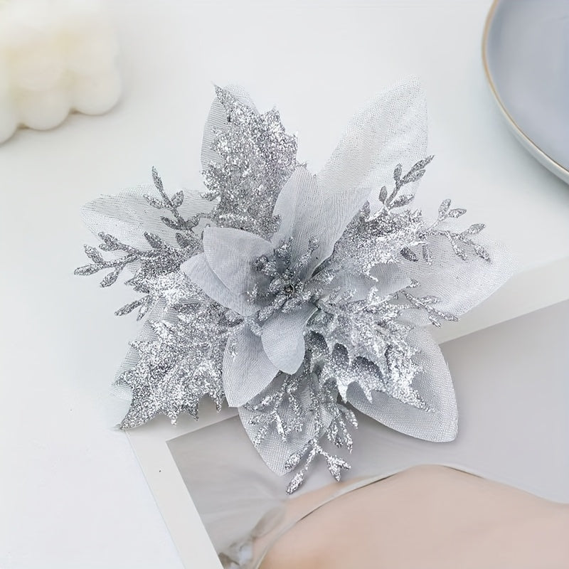 60-Piece 5.5-Inch Shiny Double-Layer Pink Edge - Christmas Floral Strips with Tree Decor and Wreath Accessories - Ideal for Holiday Parties & Weddings - Includes 30 Flower Branches + 30 Clips