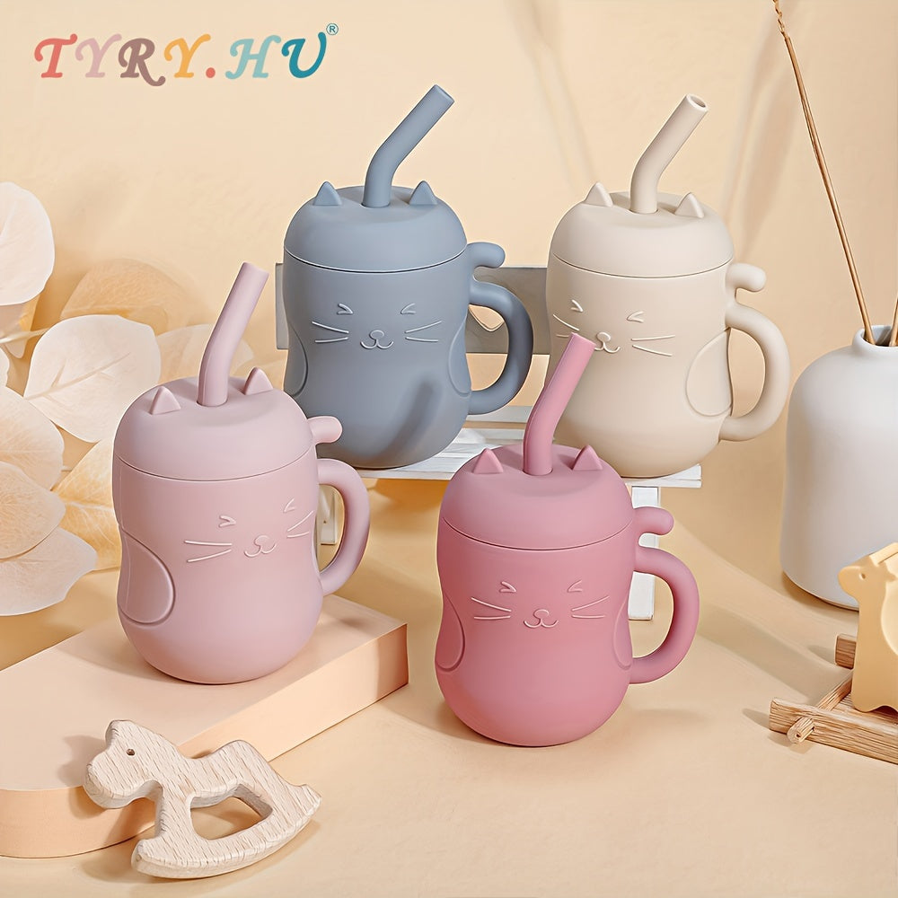 TYRY.HU Baby Learning Cup with Straw & Lid - Leak-Proof Soft Silicone Training Cup Suitable for, Feeding, Lid & Straw, Cute Cat, Easy to Clean, (4 Colors: ///)