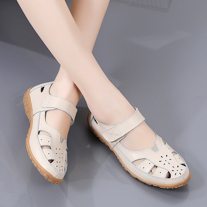 Soft Sole Women's Cut-out Flat Sandals, Non Slip Closed Toe Casual Walking Shoes with Hook & Loop