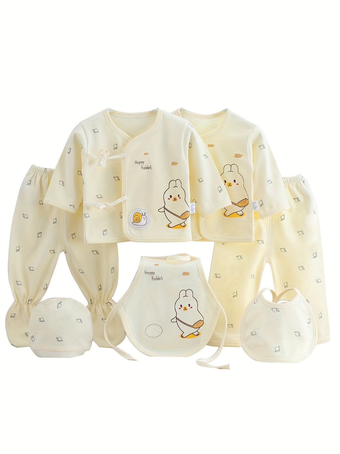 7pcs Newborn Outfits Gifts, Cute Graphic Baby Boys Girls Cotton Comfy Clothes Set - Footed Pants Cardigan Top Trousers Hat Bib Set Outdoor Clothes Outdoor Clothes