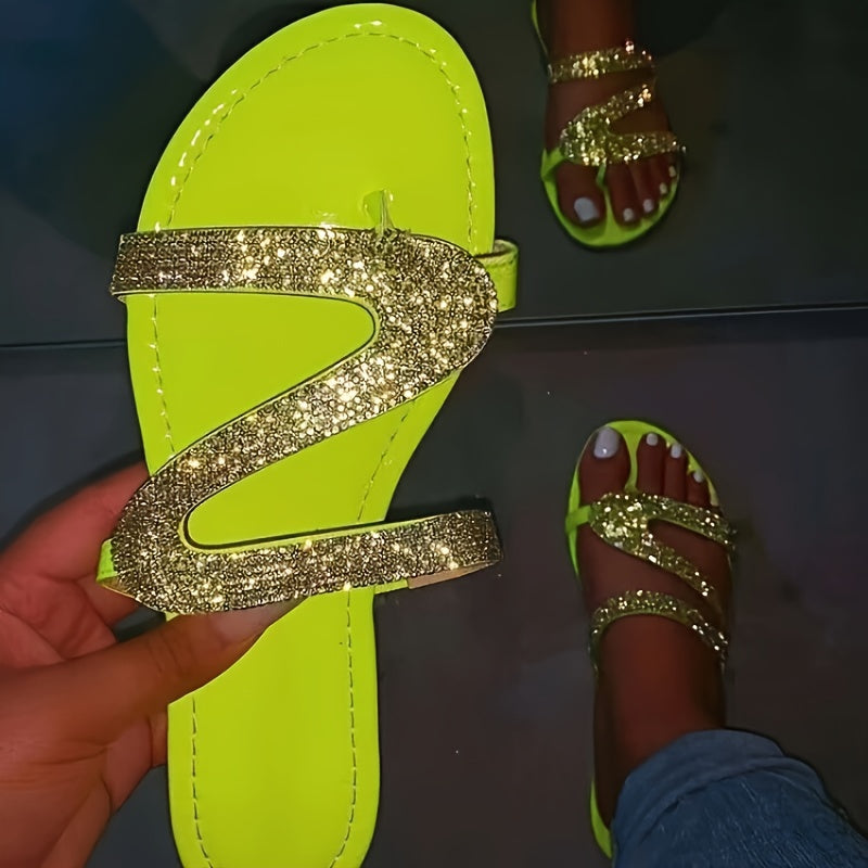 Shimmering Rhinestone Slide Sandals - Adjustable Loop Toe Flat Shoes - Stylish Beach Wear for Women