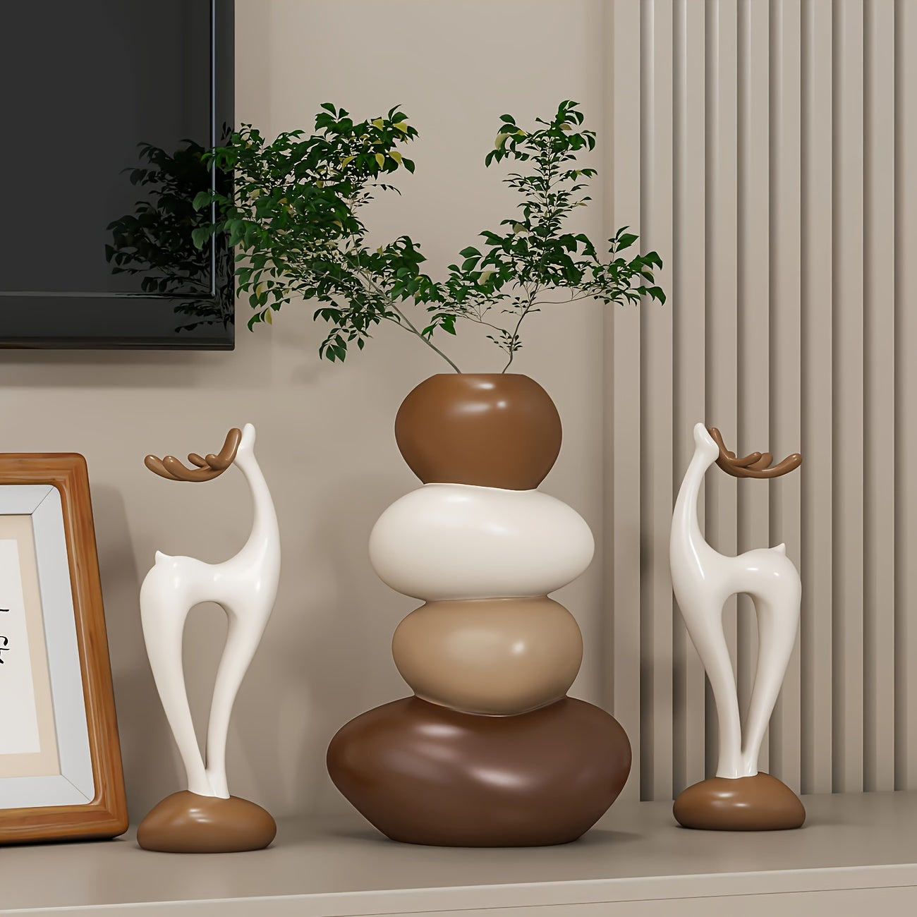 [Creative Stacked Stone Vase] 3pcs Creative Stacked Stone Vase and Deer Figurine Set | Resin Ornaments for Living Room, Bedroom, Office Desk, Bookshelf – Unique Christmas Gifts for Family & Friends