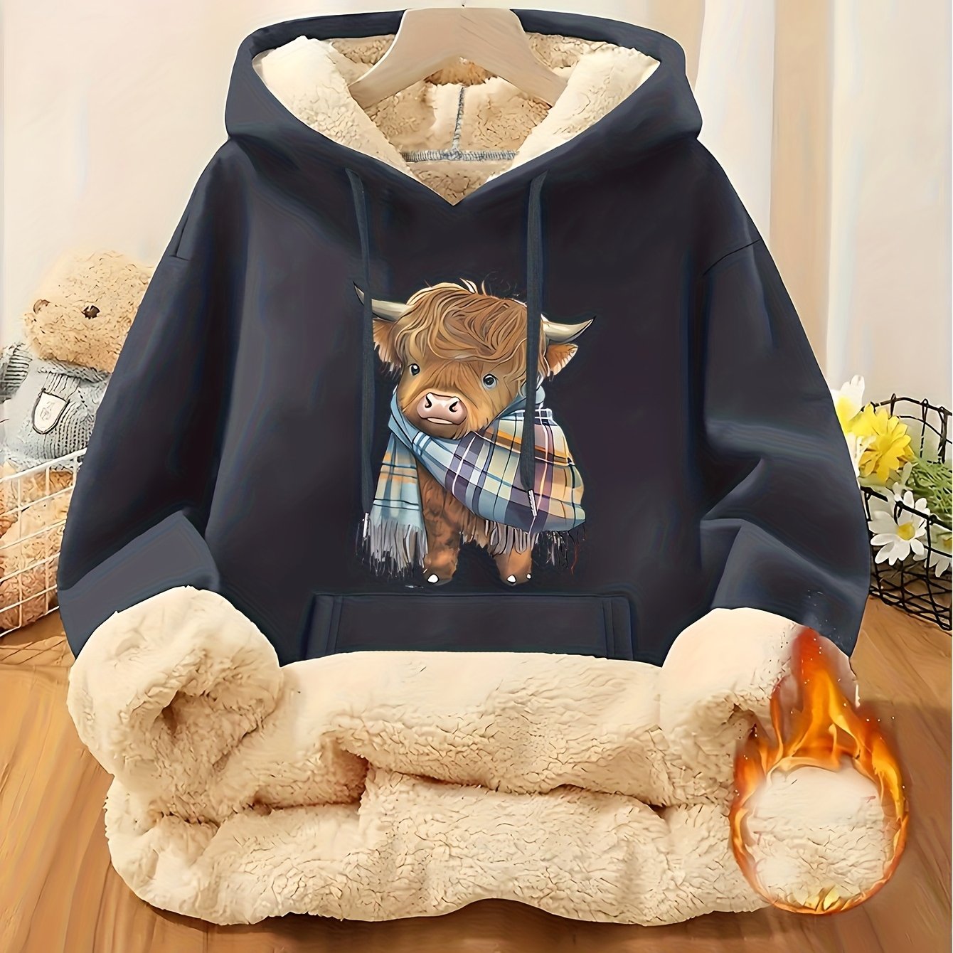Women's Highland Cow Print Fleece Hooded Sweater - Thickened Winter Warmth, Cozy Plush Lining, Casual Retro Pullover with Pocket, Pink Scottish Cow Design, Sizes XS-XXL (Machine Washable) for Spring, Fall & Winter Layering