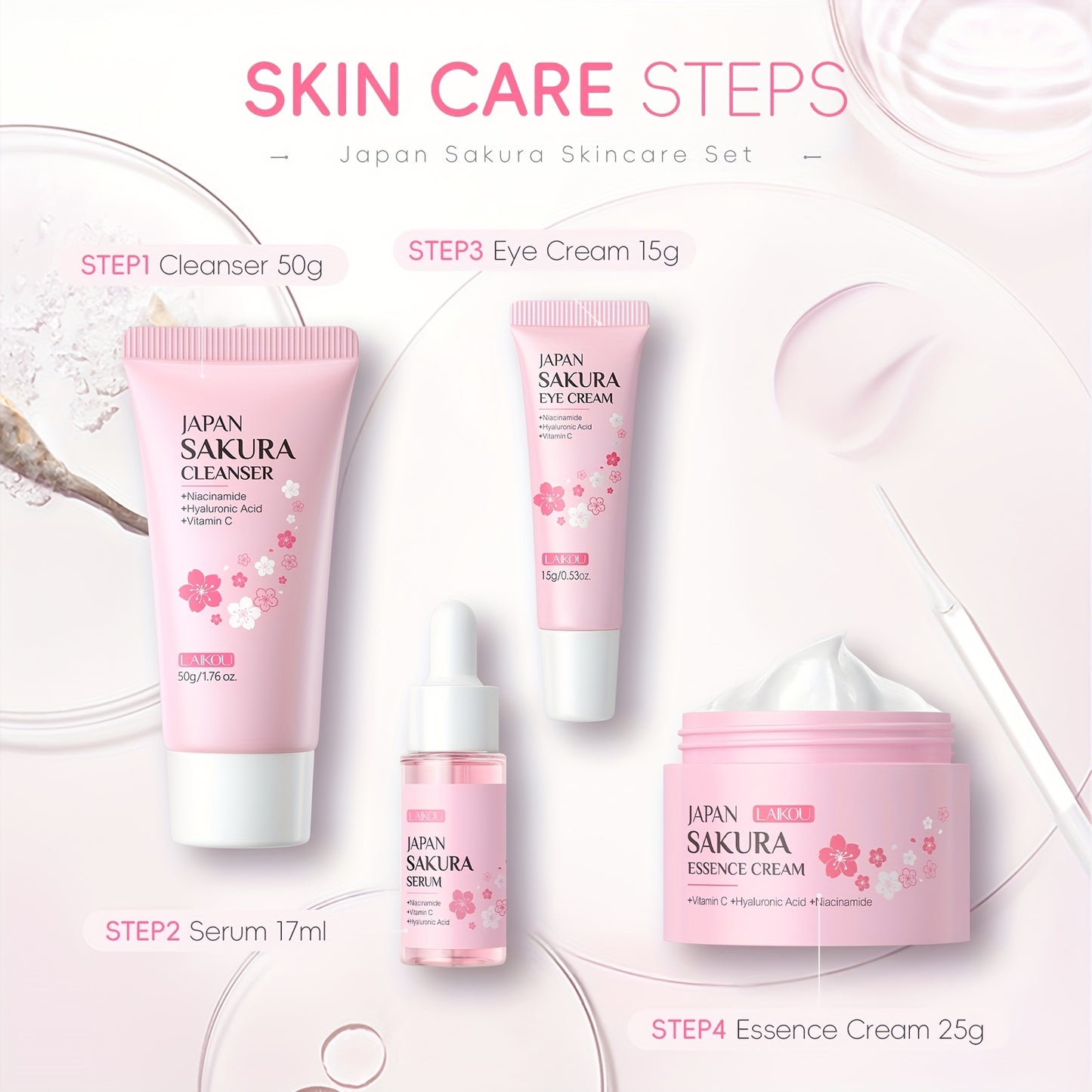 LAIKOU Sakura Cherry Blossom Skincare Set - 4pcs Cleanser, Toner, Eye Cream & Face Cream with Glycerin, Moisturizing for All Light Beige Types, Daily Care Essentials, Daily Skincare|Cherry Blossom Design|Glycerin Enriched, Sa