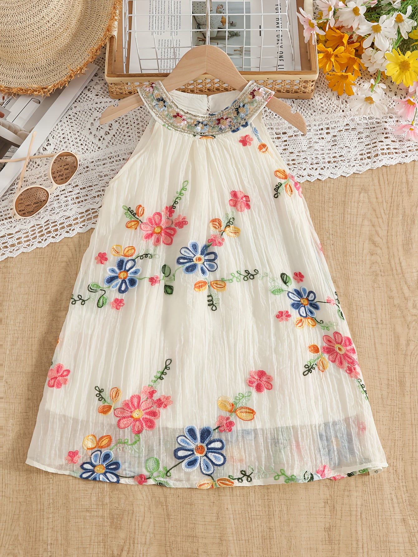 Summer New Bohemian Style Flower Embroidery Mesh Overlay Dress | Sleeveless, Non-Stretch Fabric, Flared Hem, Round Halter Neck, Ideal for Casual and Travel Vacation, Little Thin Princess Dress