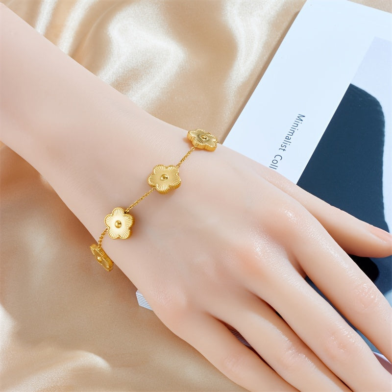 Elegant Stainless Steel Gold-Tone Cherry Blossom Flower Bracelet for Women and Men - No Mosaic, Versatile for Daily Wear and Gift Giving
