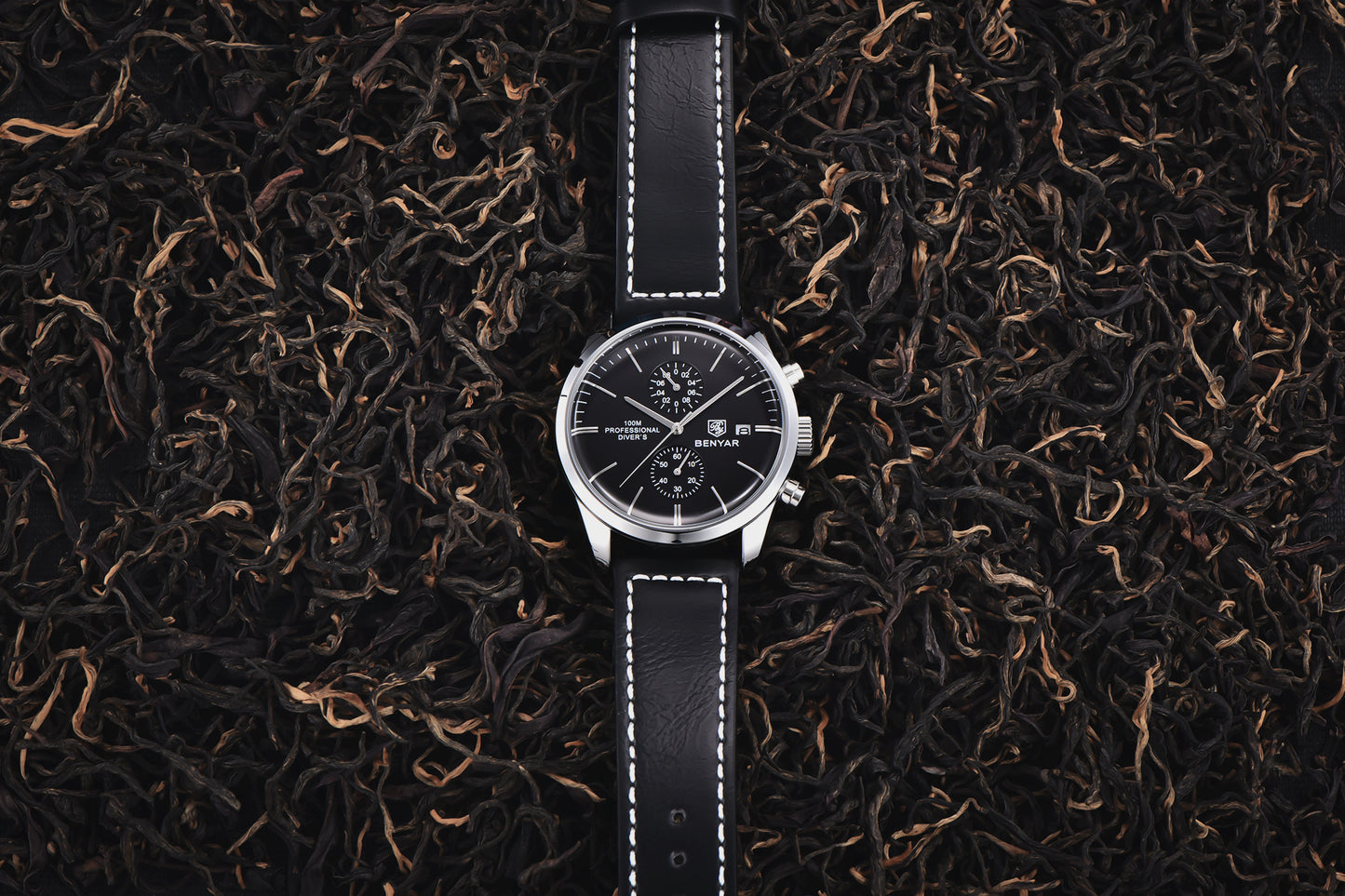 1pc New BENYAR Men's PU Leather Quartz Wristwatch, Men's 100M Multifunctional Watch Military Sports Chronograph Watch For Men