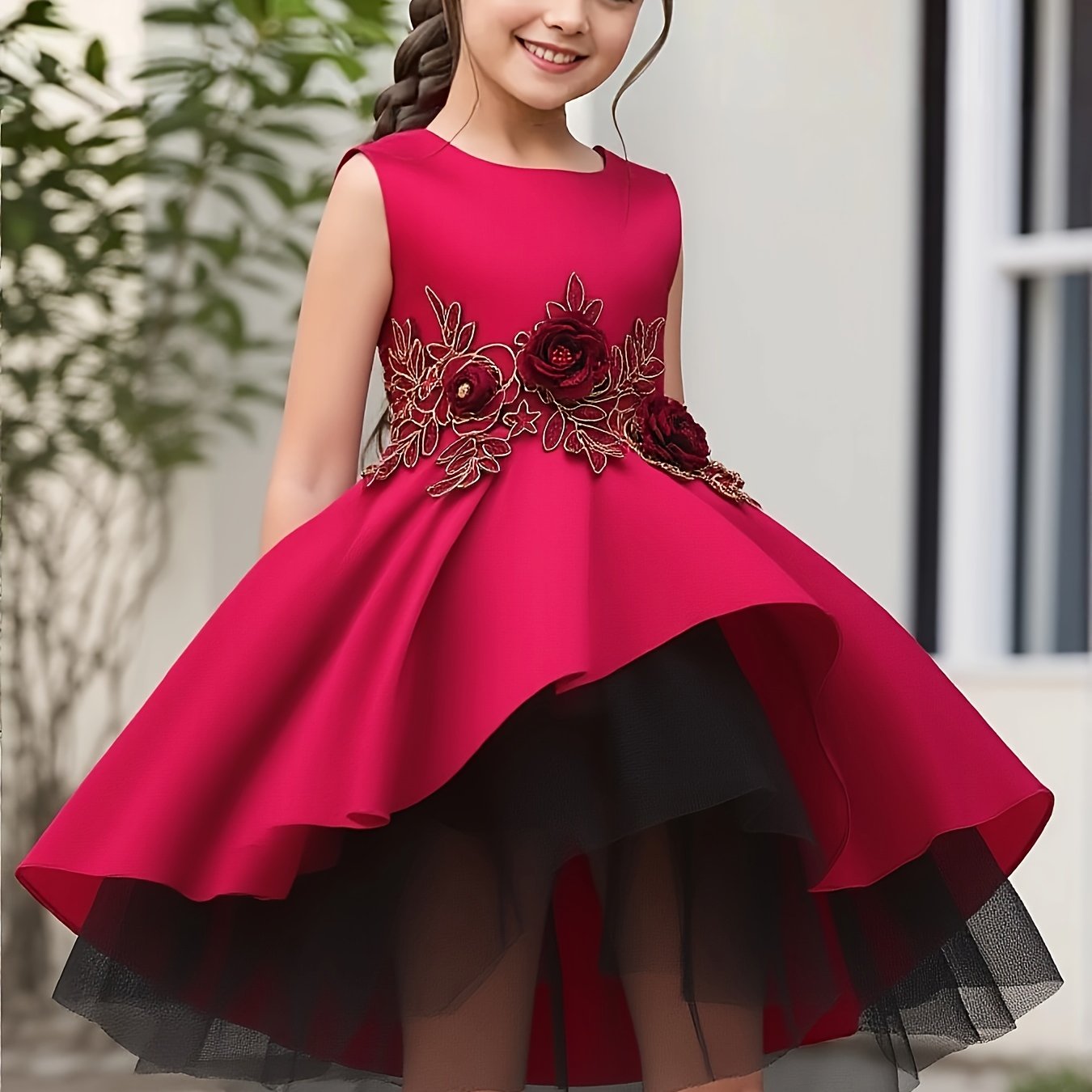 Elegant Red Embroidered Mesh Princess Dress for Girls 4-12 - Perfect for Piano Performances & Flower Girl Duties, Knee-Length with Umbrella Hem