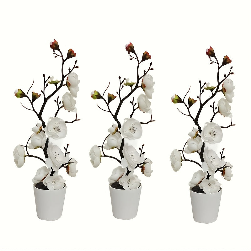 3pcs Elegant Artificial Plum Blossom Set with Vase - Faux Greenery, Simulated Potted Plant, Home Decor and Tabletop Filler, Perfect for Weddings, Festivals, Valentine's Day, Office, DIY Decorations, All-Season Artificial