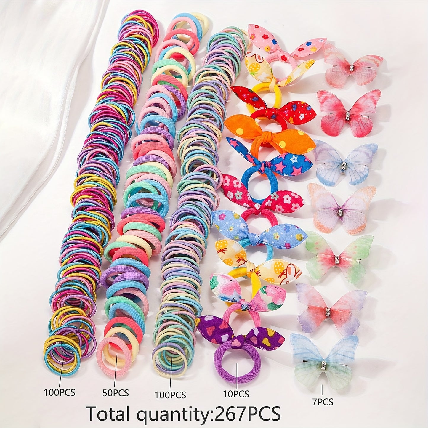 267pcs Girls' Multicolor Hair Tie Butterfly Clip Set, Cute Bunny Ears Headband High Elasticity Elastic Band Styling Accessories Colorful Flower Barrettes Hair Clips