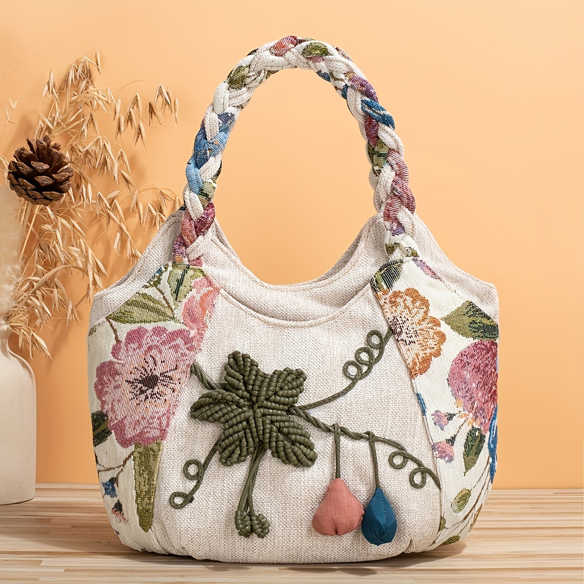 Foldable Zipper Closure Bohemian Style Handmade Flower Tote Bag - Fixed Shoulder Strap, with Wristlet, for Vacation
