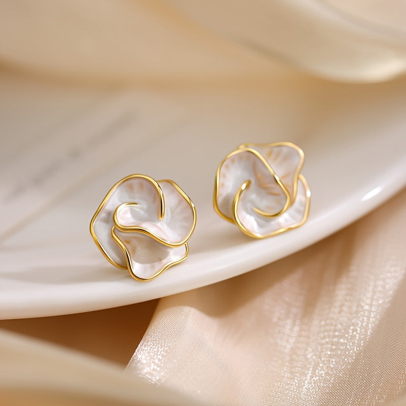 925 Silver Ear Post Elegant Camellia Flower Stud Earrings, Vintage Style, Alloy, Women's Fashion Jewelry, All-Season Accessory for Daily & Vacation Wear