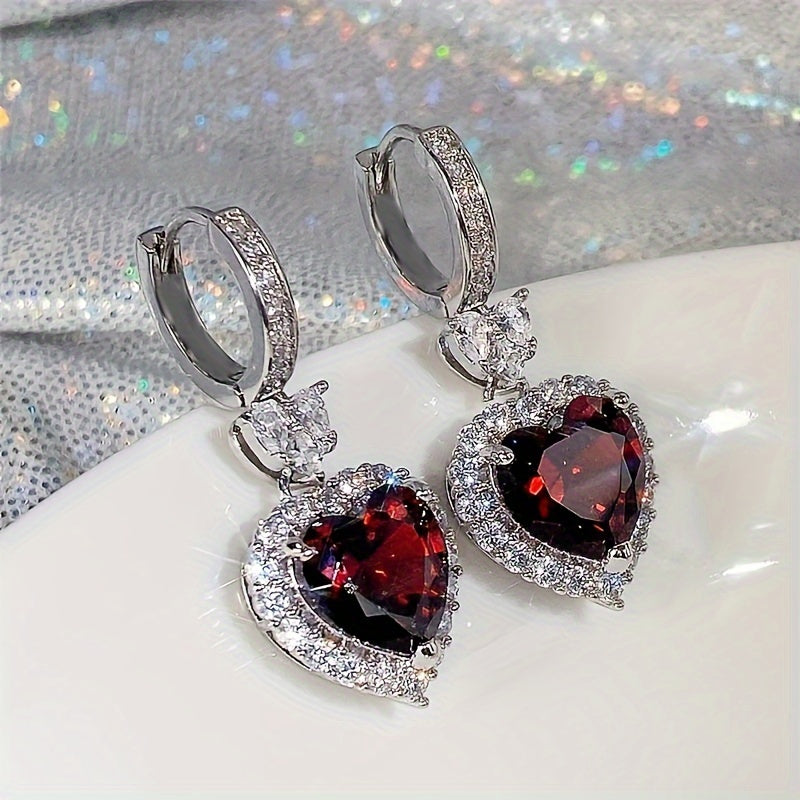 Aqua Blue Red Stone Heart Shaped Wedding Earrings for Women Eternity Love Earrings Engagement Additions Fashion Jewelry
