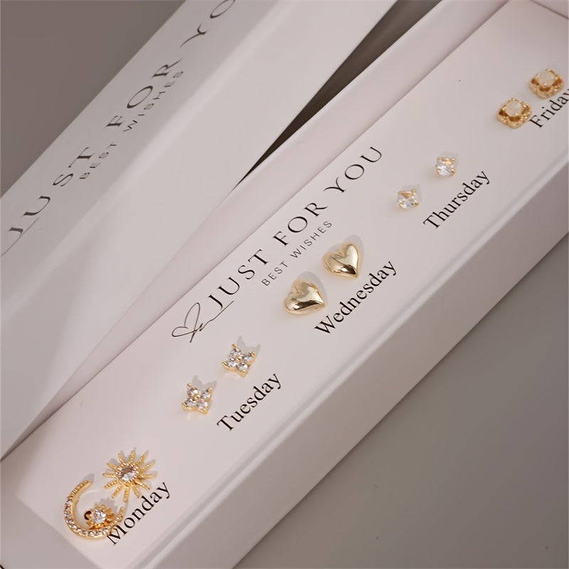 Gift Box Set Featuring Synthetic Zirconia, Allowing for Casual Mix-And-Match for All Seven Days of The Week. Designed with a Star And Moon Goddess Theme, It Includes Smooth Heart Shapes And Hollow Flower Designs, Perfect for