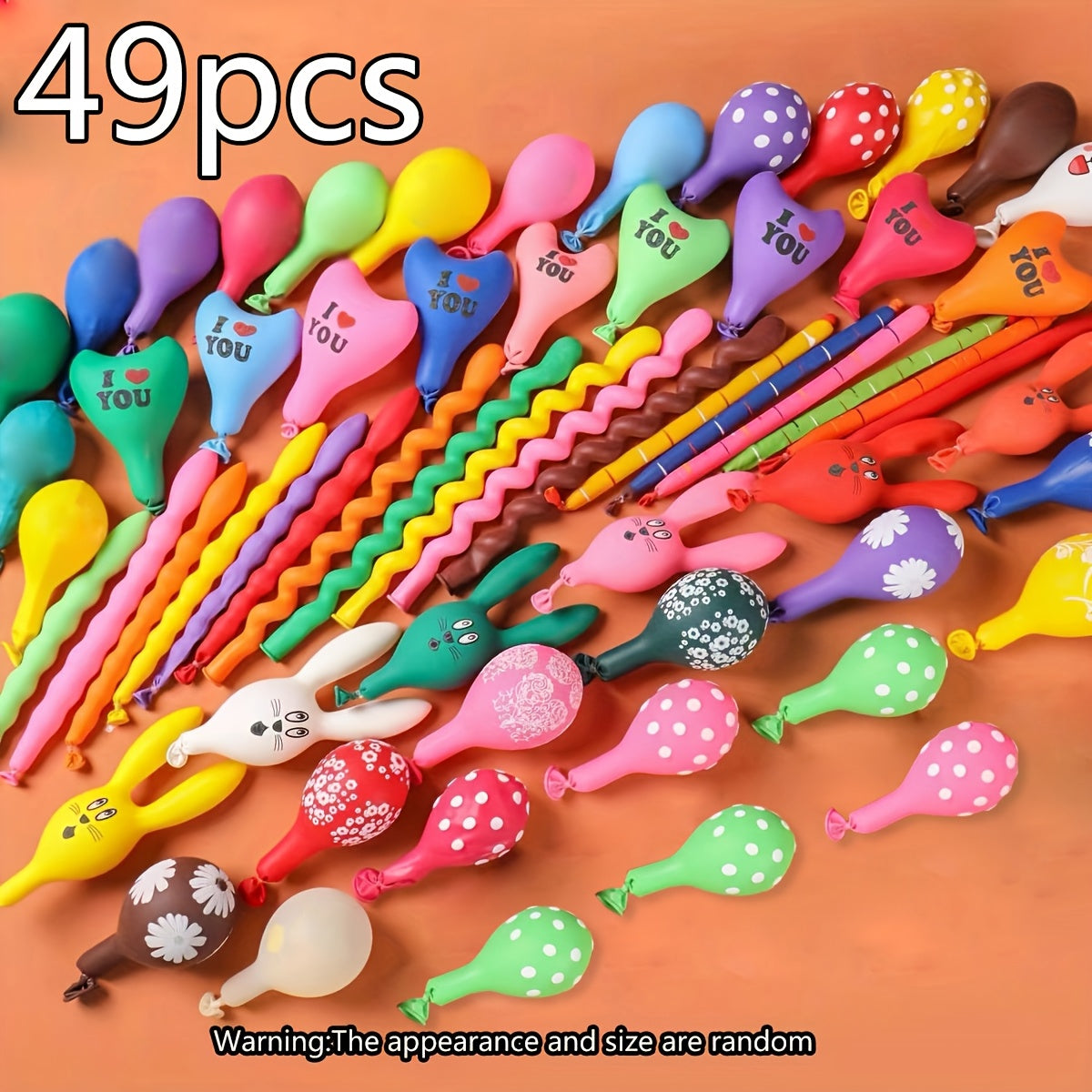 49pcs Mixed Color Balloon Set, Cartoon Animal Balloons Set, Premium Long Balloons, I LOVE YOU Heart Shaped Balloon, Flower Pattern Colorful Balloons, for Birthday, Party, Christmas, Halloween, Easter