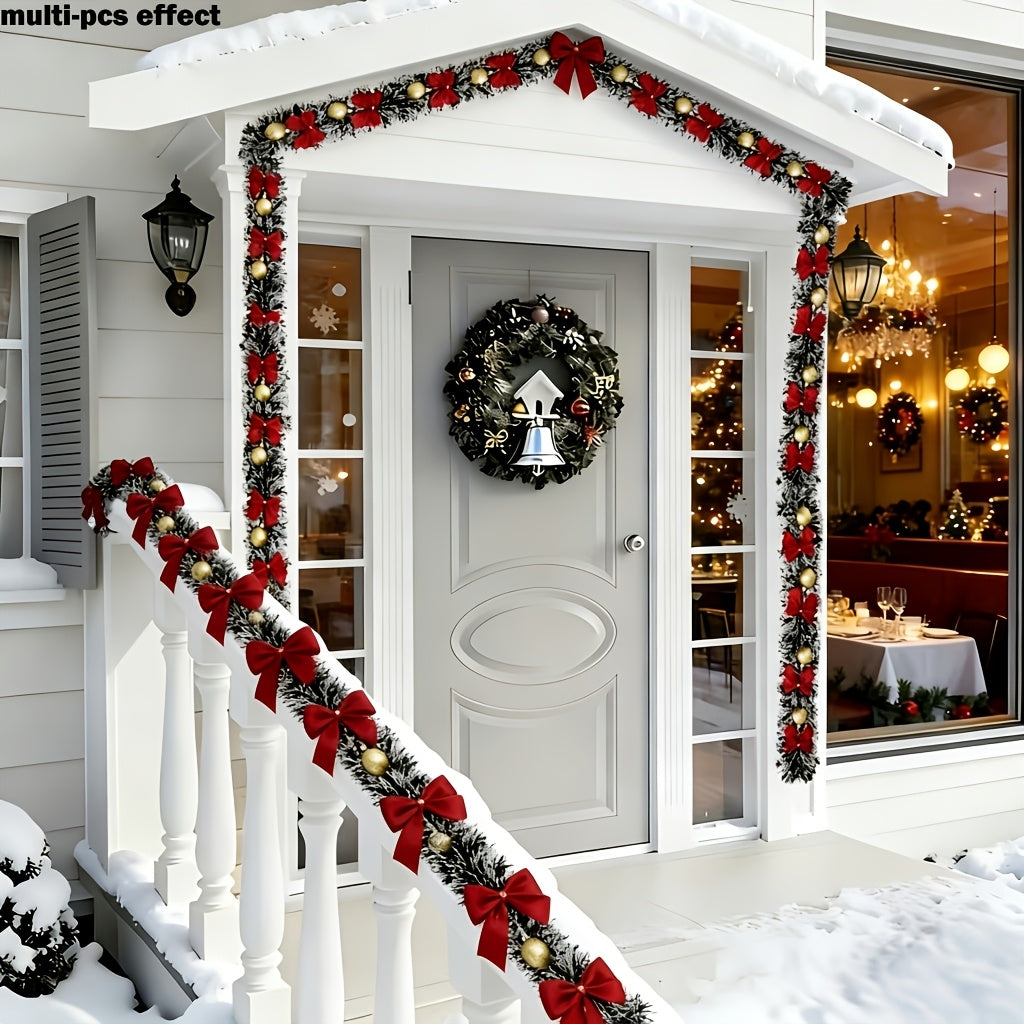 2-Piece Bow Christmas Rattan Garland, Total Length 10.0 meter, 1-Piece 196.85-Inch Dark Green and White Snowflake Christmas Flower Vine Decoration, No Lights Artificial Wreath for Indoor/Outdoor Use, High-Quality Soft Green H