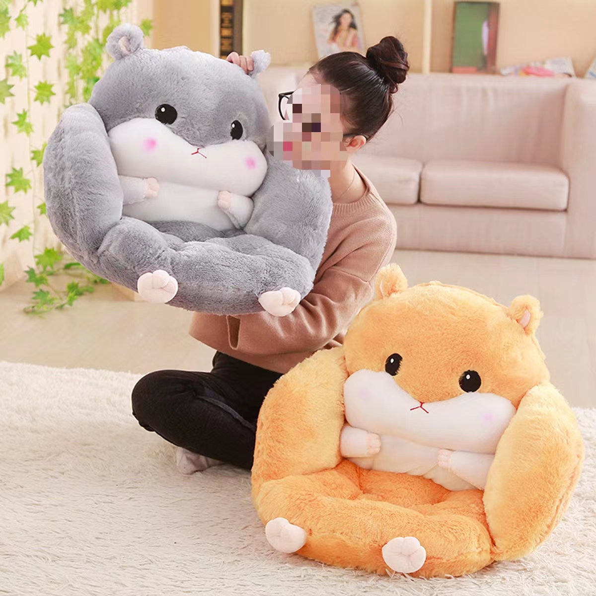 Cute Seat Cushion Hamster Shape Lazy Sofa, Cozy Warm Skin-Friendly Plush Office Chair Pads, Integrated Thickened Reading Pads, 17.7''×15.7'', (Color: Grey/Pink/Dark Brown/Light Brown)