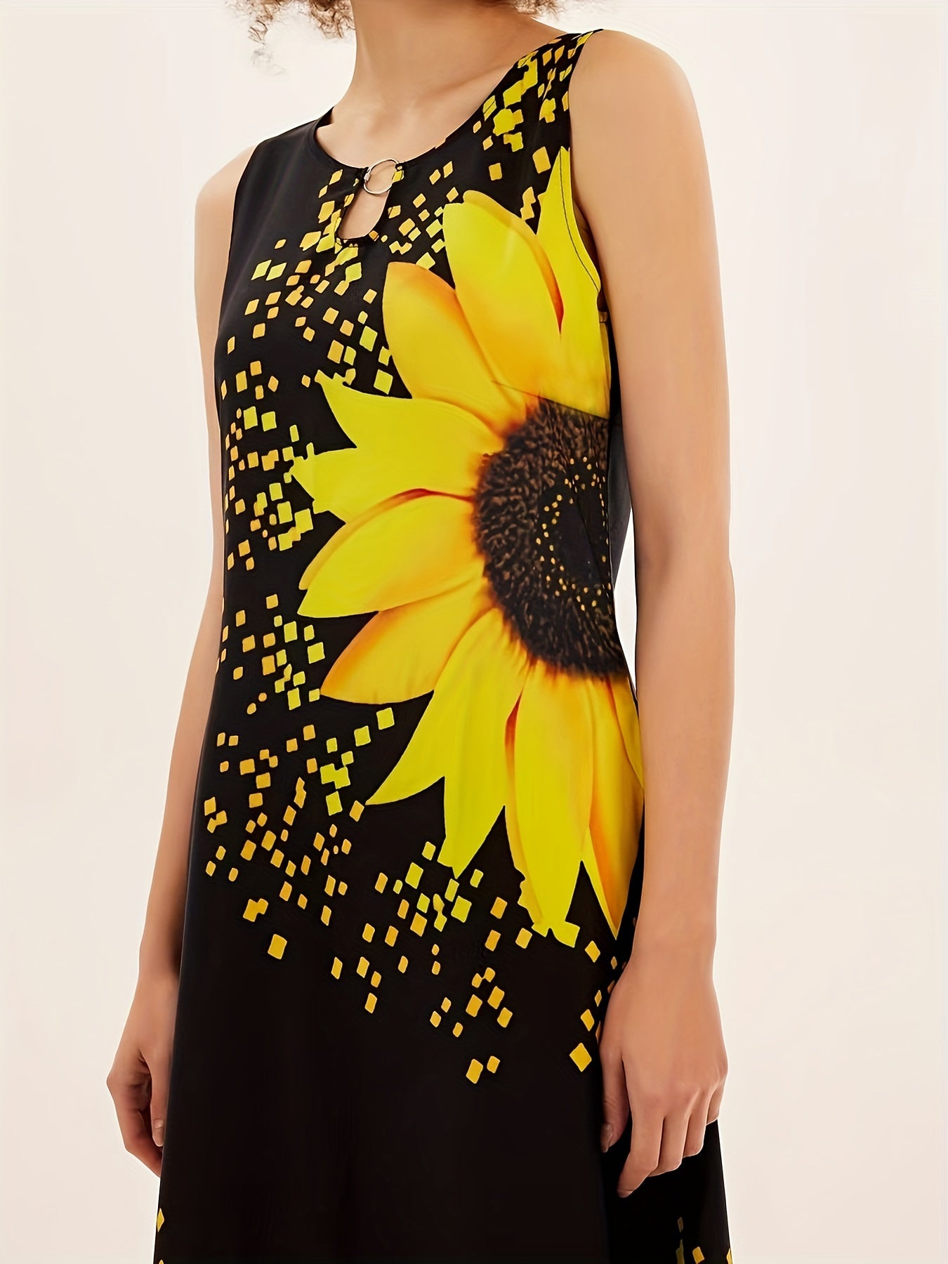 Sunflower Print Keyhole Dress, Casual Crew Neck Sleeveless Maxi Dress With Pocket, Women's Clothing For Elegant Dressing