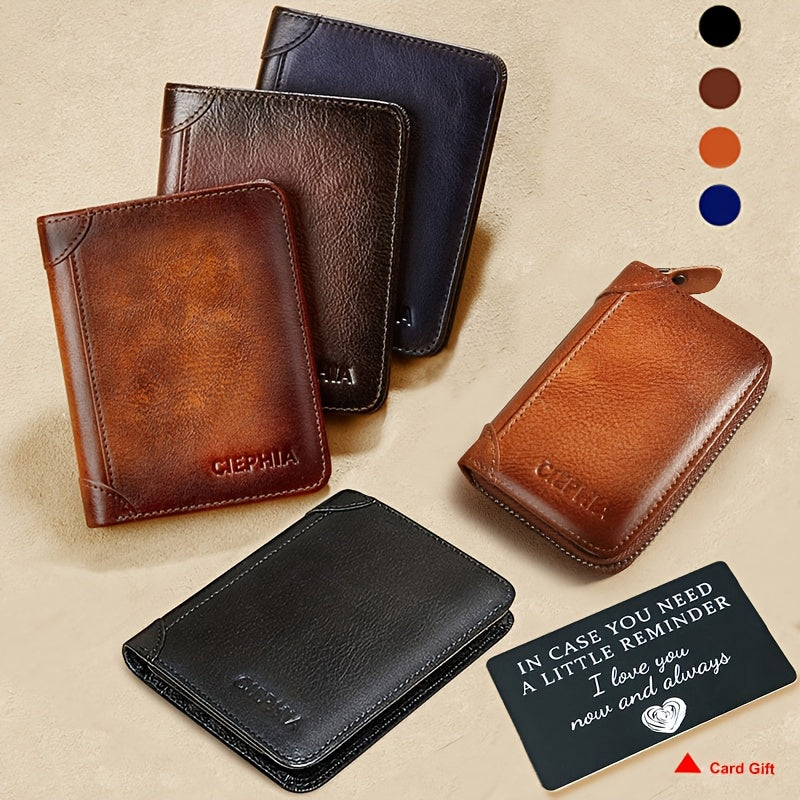 Genuine Leather Men's Wallet with Blessing Card Set, RFID Blocking, Ultra-Thin, Top-Grain Cowhide, Compact Multi-Function ID and Credit Card Holder, Christmas Valentine's Day Father's Day Gift