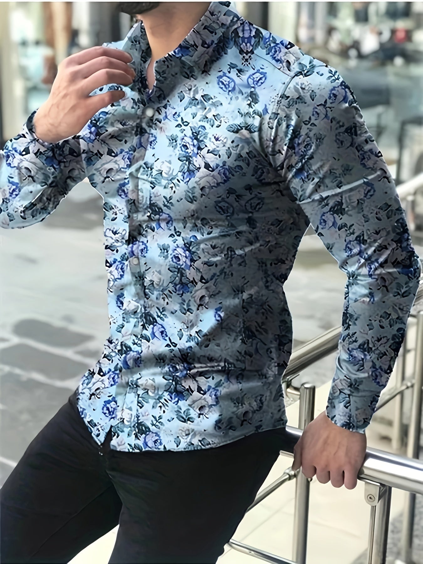 Retro Style Flower Print Men's Casual Long Sleeve Button Up Lapel Shirt, Spring Fall