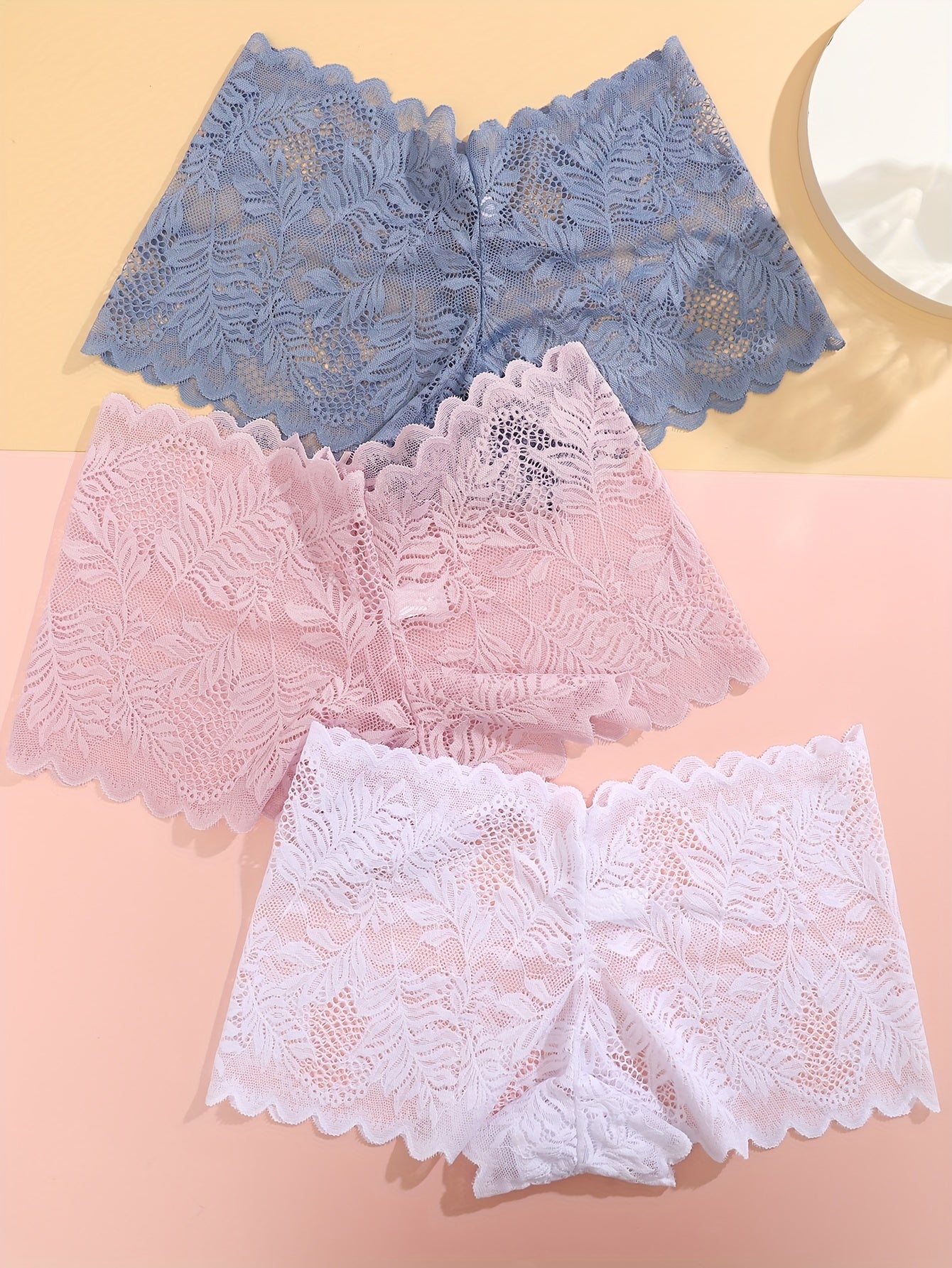 3pcs FINETOO Women's Sexy Low-Rise Lace Boyshort Panties - Breathable, Stretchy Nylon Blend with Floral Pattern, Scalloped Trim in Black, White, & Pinkish-Beige