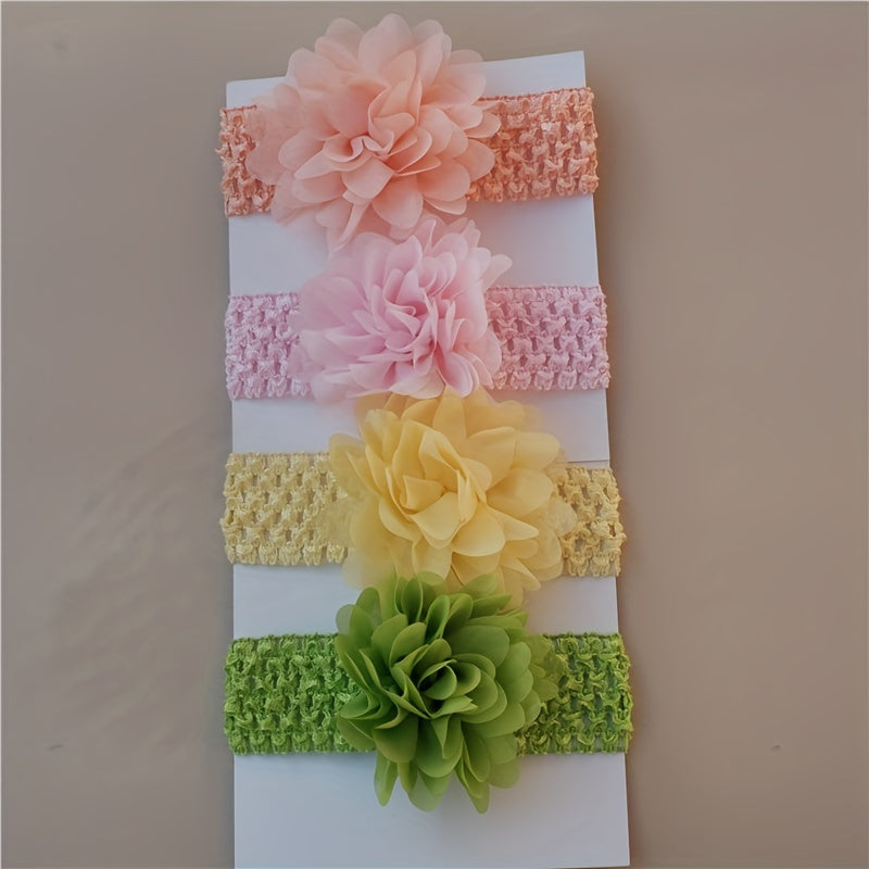 4pcs Cute Chiffon Flower Knit Headband, Soft Comfortable Breathable Elastic Headband, Decorative Hair Accessories Photography Props For Baby Girls
