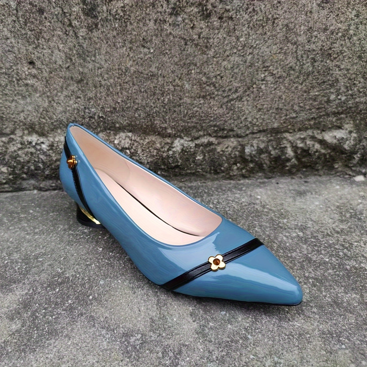 Women's Pointed Toe Block Mid Heels, Flower Decor Slip On French Heel Shoes, Versatile Heels