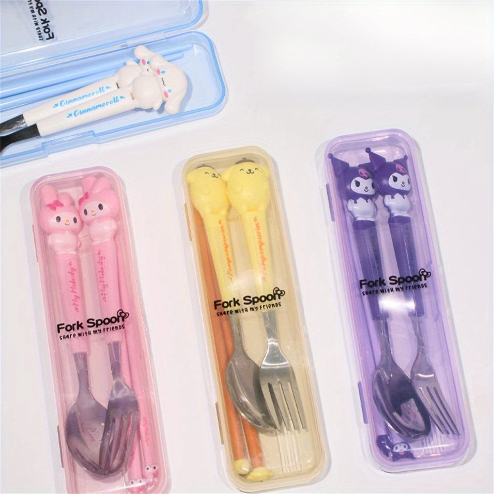 Sanrio Cute Cartoon 2pcs Tableware Suit-Stainless Steel Portable Travel Fork and Spoon with Cute Character Handle, Outdoor Eating Essentials, Onthego Dining, Fun Utensils, Stylish Cutlery, Polished Finish, Highquality Steel,