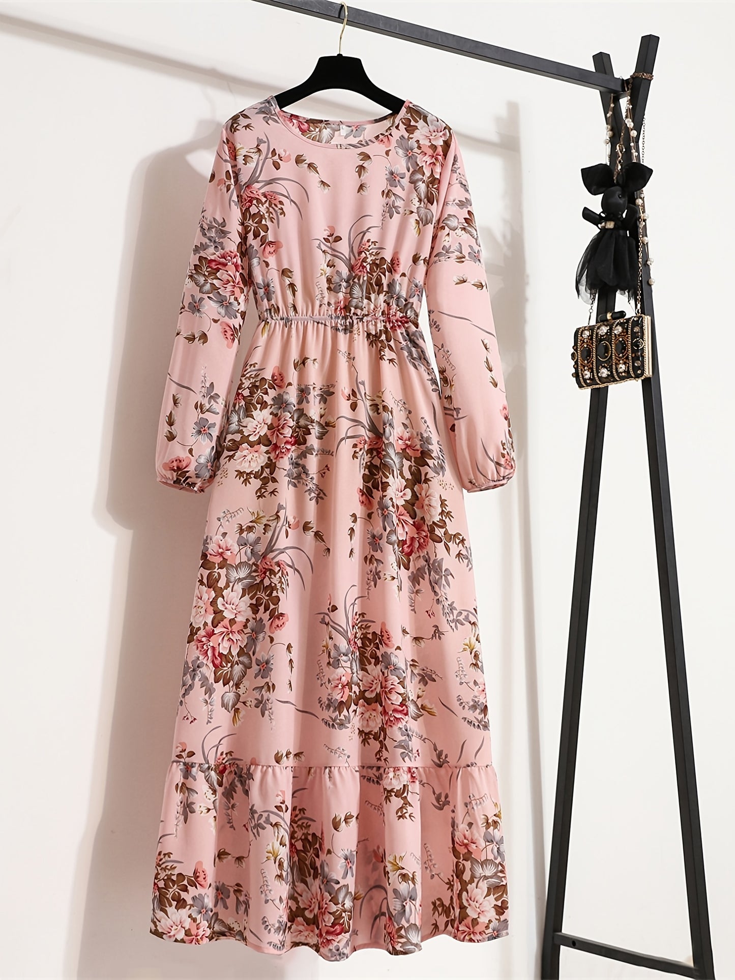 Bohemian Print Casual Party Long Dress with Ruffle Hem, Round Neck, Elastic Waist, and A-Line Silhouette