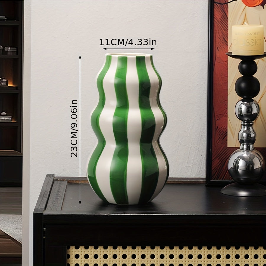 1pc Modern Ceramic Striped Vase – Elegant Cylindrical Design in Blue, Green, Red & White Stripes, Perfect for Hydroponic Plant Arrangements in Living Room, Balcony, or Home Decor, Living Room Accent | Modern Ceramic Vase |