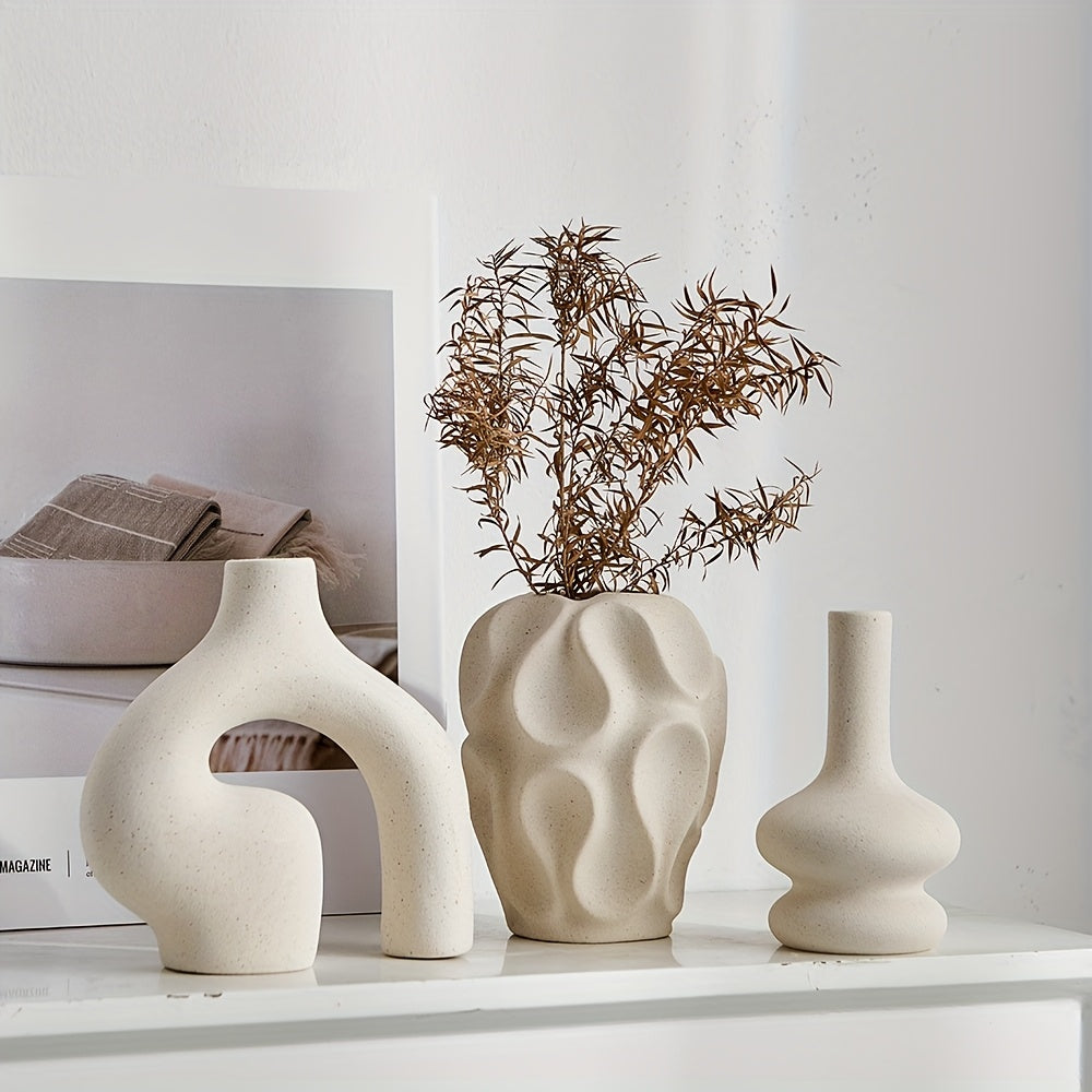 3pcs Boho Ceramic Vase Set - Modern Nordic Minimalist Round & Donut Shaped, Geometric Pattern, Ideal for Trendy Home Decor, Living Room, Entryway, Coffee Table - No Battery Required, Decorative Gift