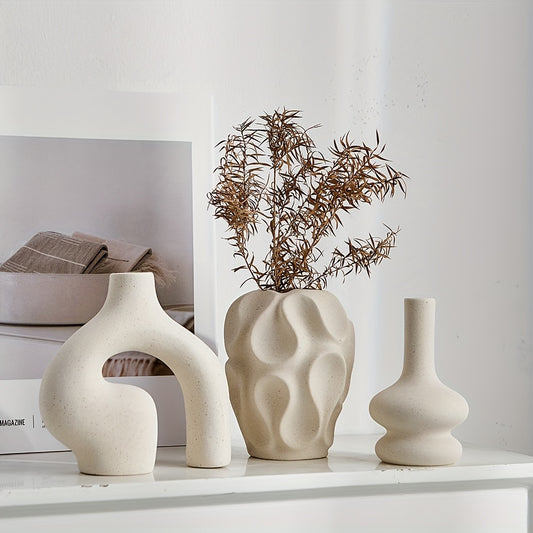 3pcs Boho Ceramic Vase Set - Modern Nordic Minimalist Round & Donut Shaped, Geometric Pattern, Ideal for Trendy Home Decor, Living Room, Entryway, Coffee Table - No Battery Required, Decorative Gift