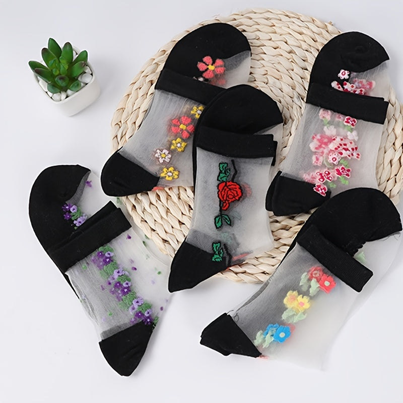 5 Pairs Mesh Floral Print Mid Tube Socks, Crystal Glass Short Thin Socks, Women's Stockings & Hosiery