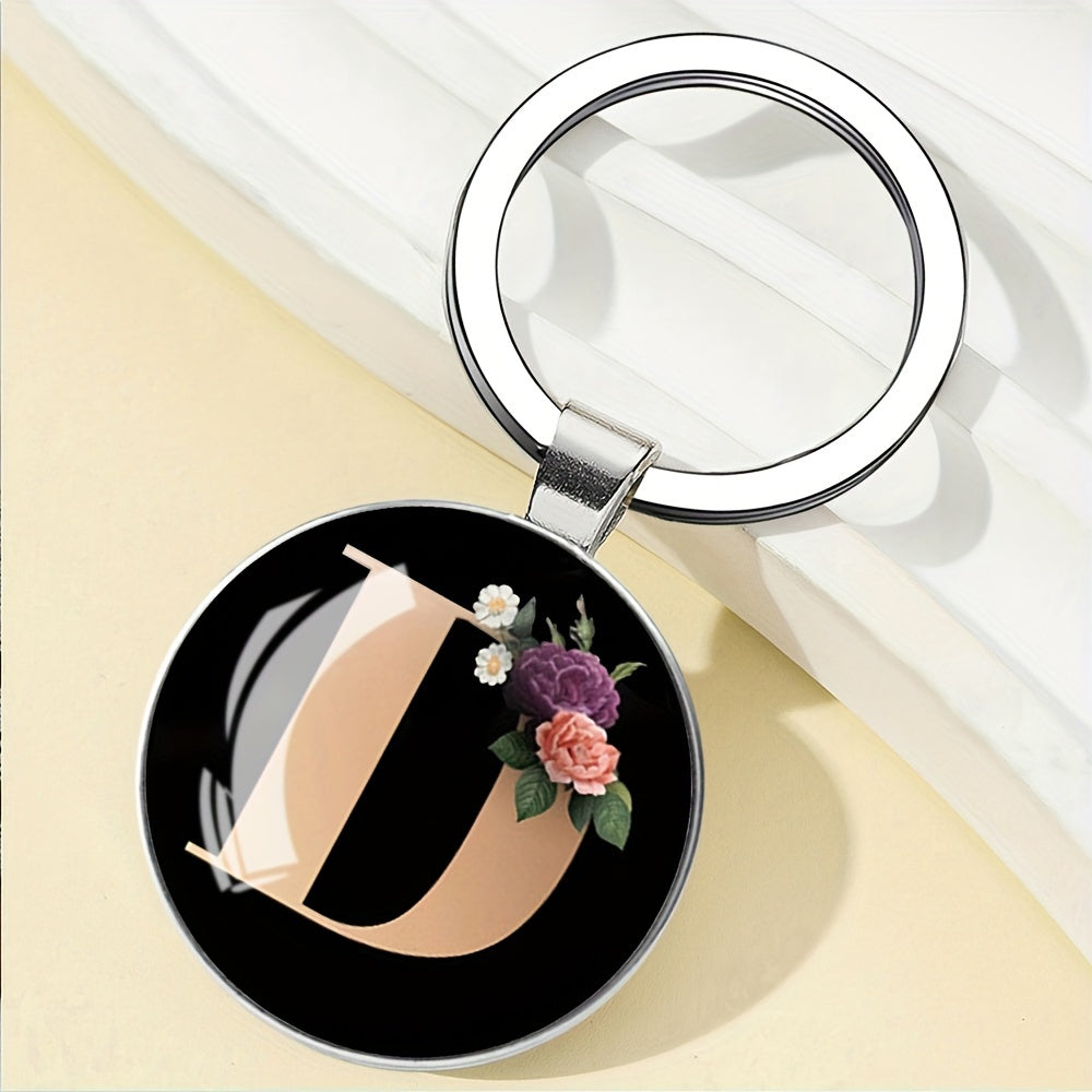 1pc Elegant Floral Alphabet Glass Keychain, Round Character-Themed Alloy Keyring, Romantic Collegiate Style Accessory, Ideal for Birthday, Anniversary, Graduation, Bridal Shower Gifts, and Festive Occasions - Christmas, Hallo