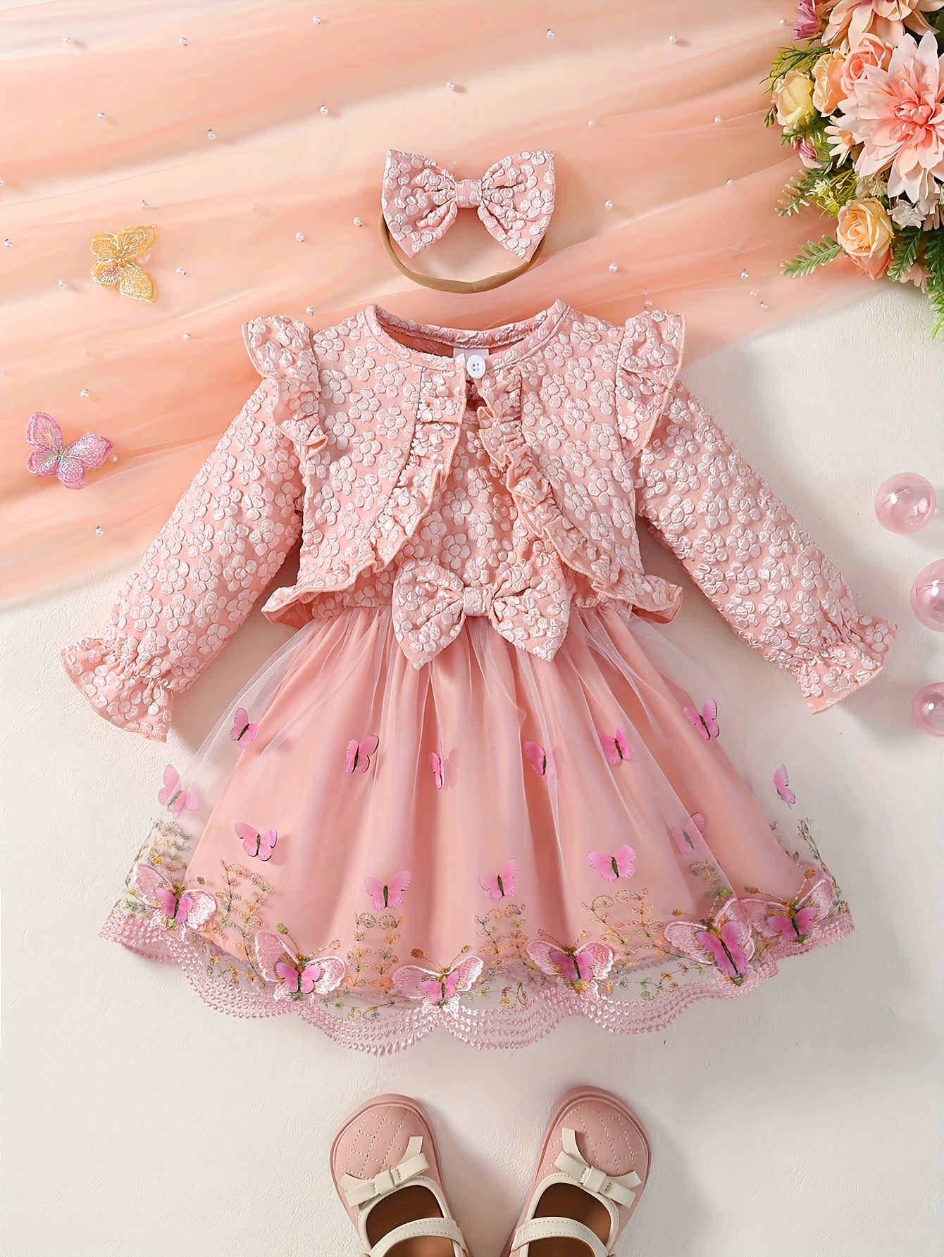 3pcs Set for Baby Girls Featuring a New Spring And Autumn Design with 3D Butterfly Embroidery, a Mesh Dress, a Short Outer Top with Ruffled Textured Sleeves, And a Bow Headband, for Outdoor