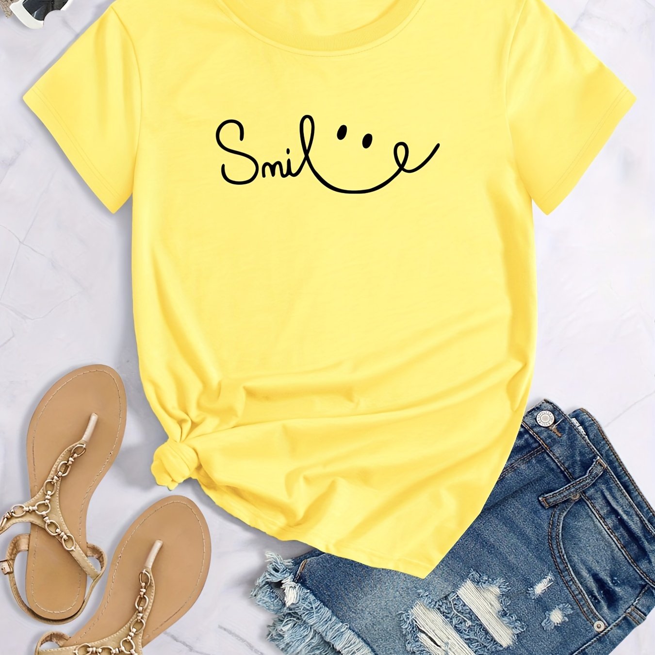 Plus Size Face Print Short Sleeve T-shirt, Women's Plus Slight Stretch Round Neck Casual Tee