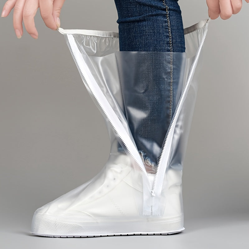 Casual Plastic Shoe Covers, Waterproof, High-Tube, Solid Color, with Reinforced Ring and Thickened Sole, for Men and Women, Outdoor Travel