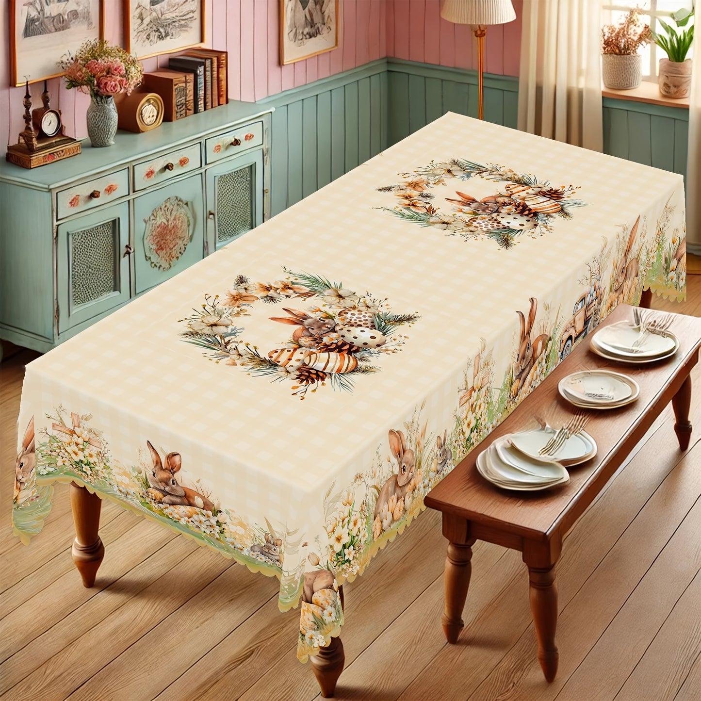 Durable Polyester Easter And Spring Themed Tablecloths, Tablecloths - Featuring Rabbit, Easter Egg, Flower, Cross, And Truck Patterns, Available in 5 Sizes - Round And Rectangular Tablecloths with Embossed Edges, Perfect for
