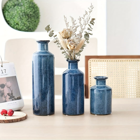 3pcs/set Glazed Rustic Blue Vase Modern Ceramic Vase, Used For Home Decoration, Suitable For Fireplace, Table, Kitchen, Living Room Decoration