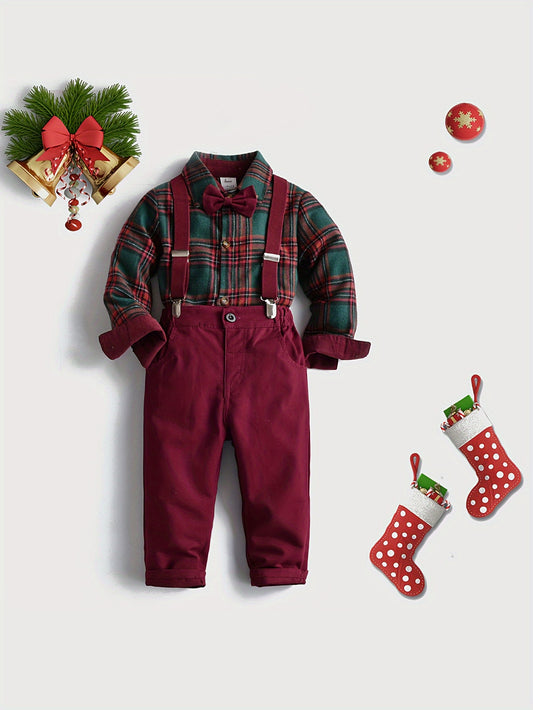 Boy's Fashion 2pcs Co Ord Set, Comfy Long Sleeve Lapel Collar Button Shirt With Plaid Pattern & Suspender Trousers, Christmas Festive Style Suit, Ideal For Christmas Party, Autumn/Winter Daily & Outdoor Wear